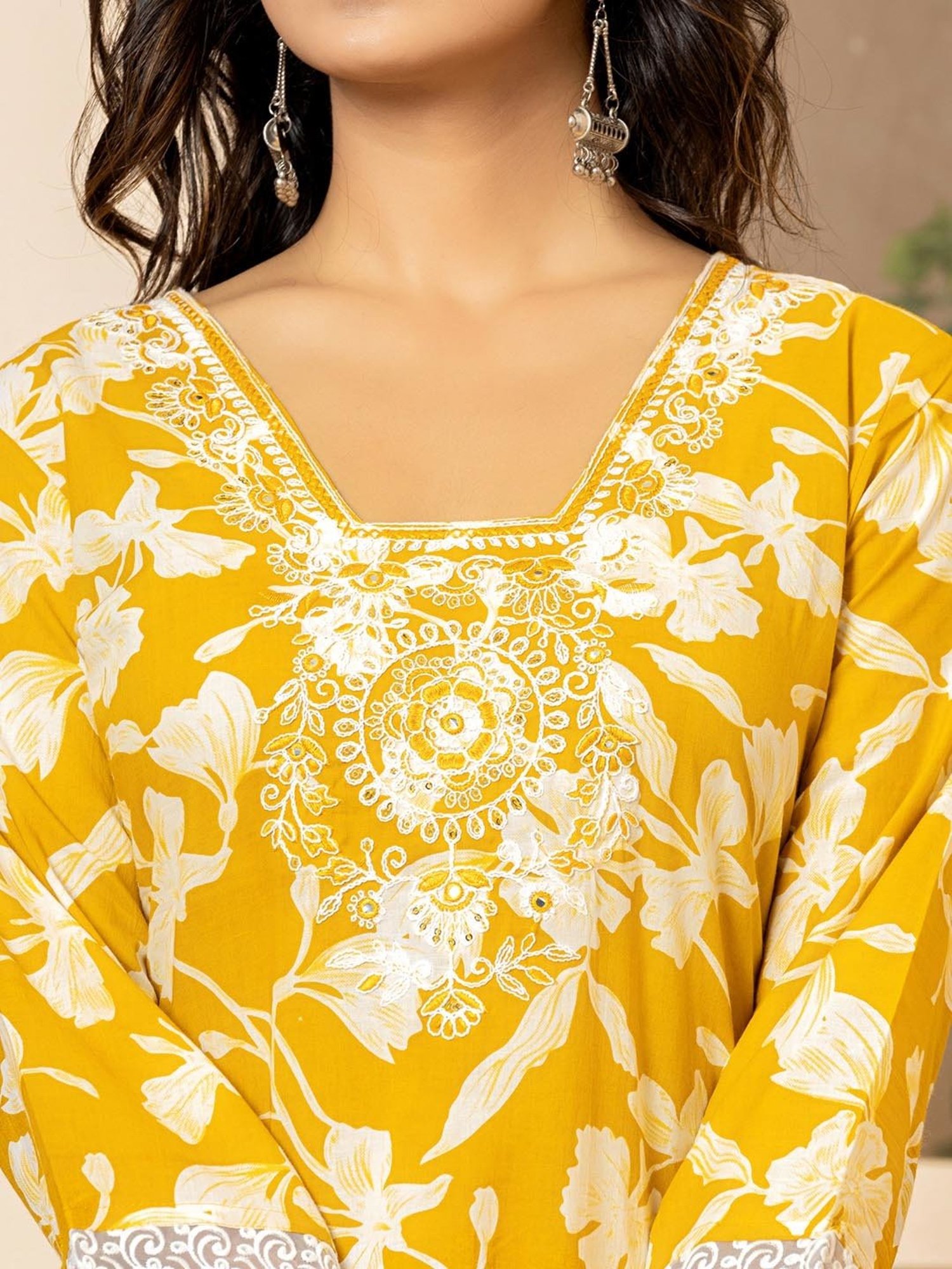 Yufta Mustard Cotton Embroidered Kurta & Pant Set with Dupatta