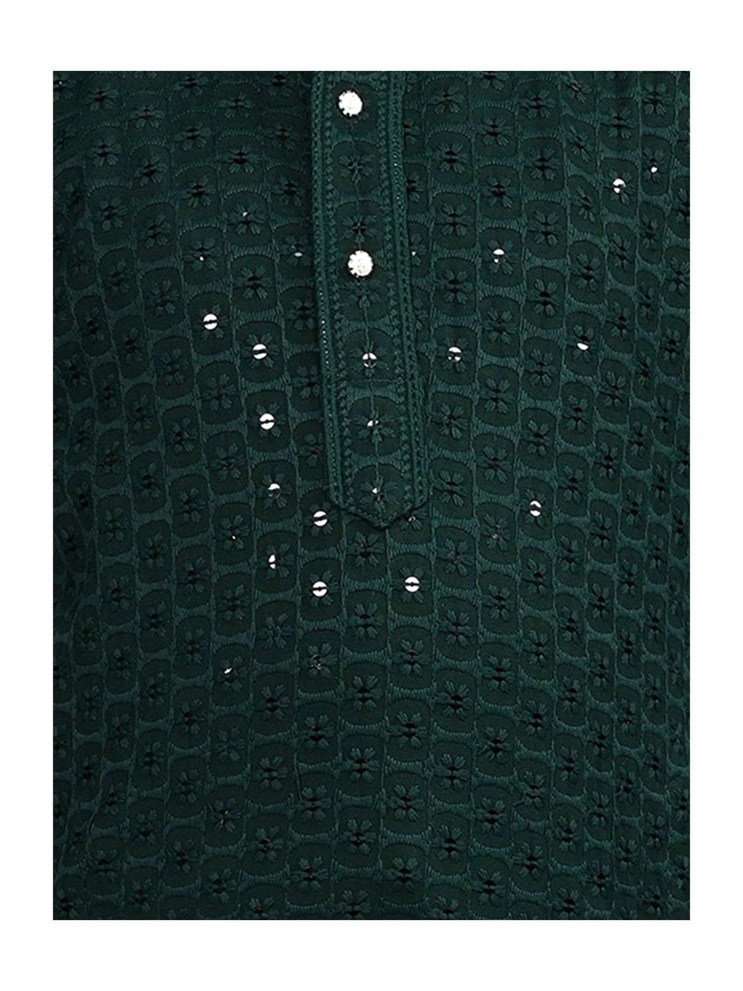 Ahhaaaa Kids Dark Green & White Embellished Full Sleeves Kurta With Pyjamas