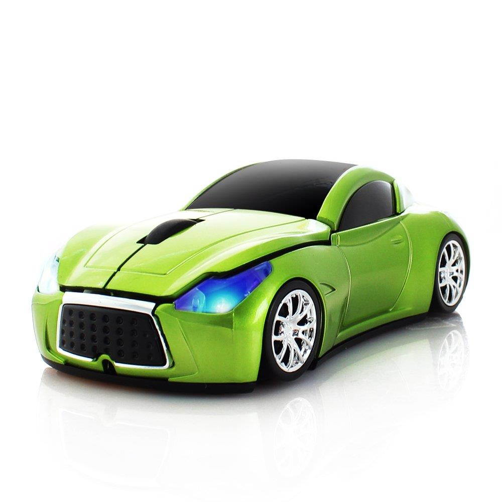 Usbkingdom Cool Sport Car Shape 2.4GHz Wireless Mouse Optical Cordless Mice with USB Receiver for PC Laptop Computer 1600DPI 3 Buttons Green