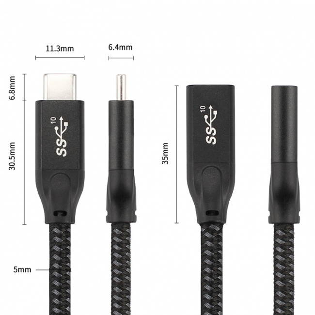 Cablecc 30CM USB-C USB 3.1 Type-C Male to Female Extension Data Cable with Sleeve for Laptop Phone