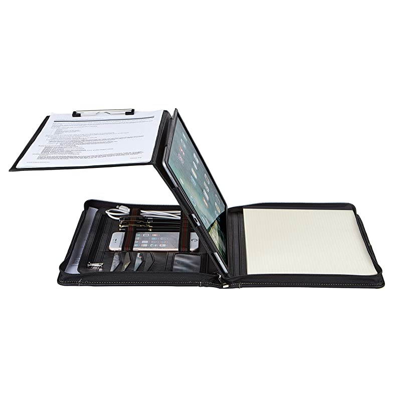 Portfolio with Tablet Case for Surface Pro 3/4/5/6, Business Cow Leather Padfolio Organizer with Letter Size/A4 Clipboard & Notepad Holder