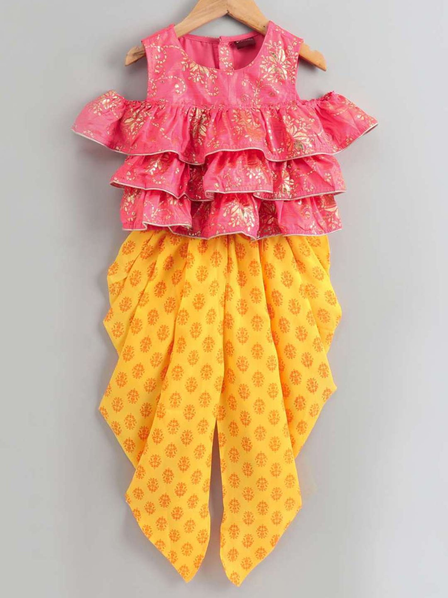 TWISHA Kids Pink & Yellow Embroidered Top Set