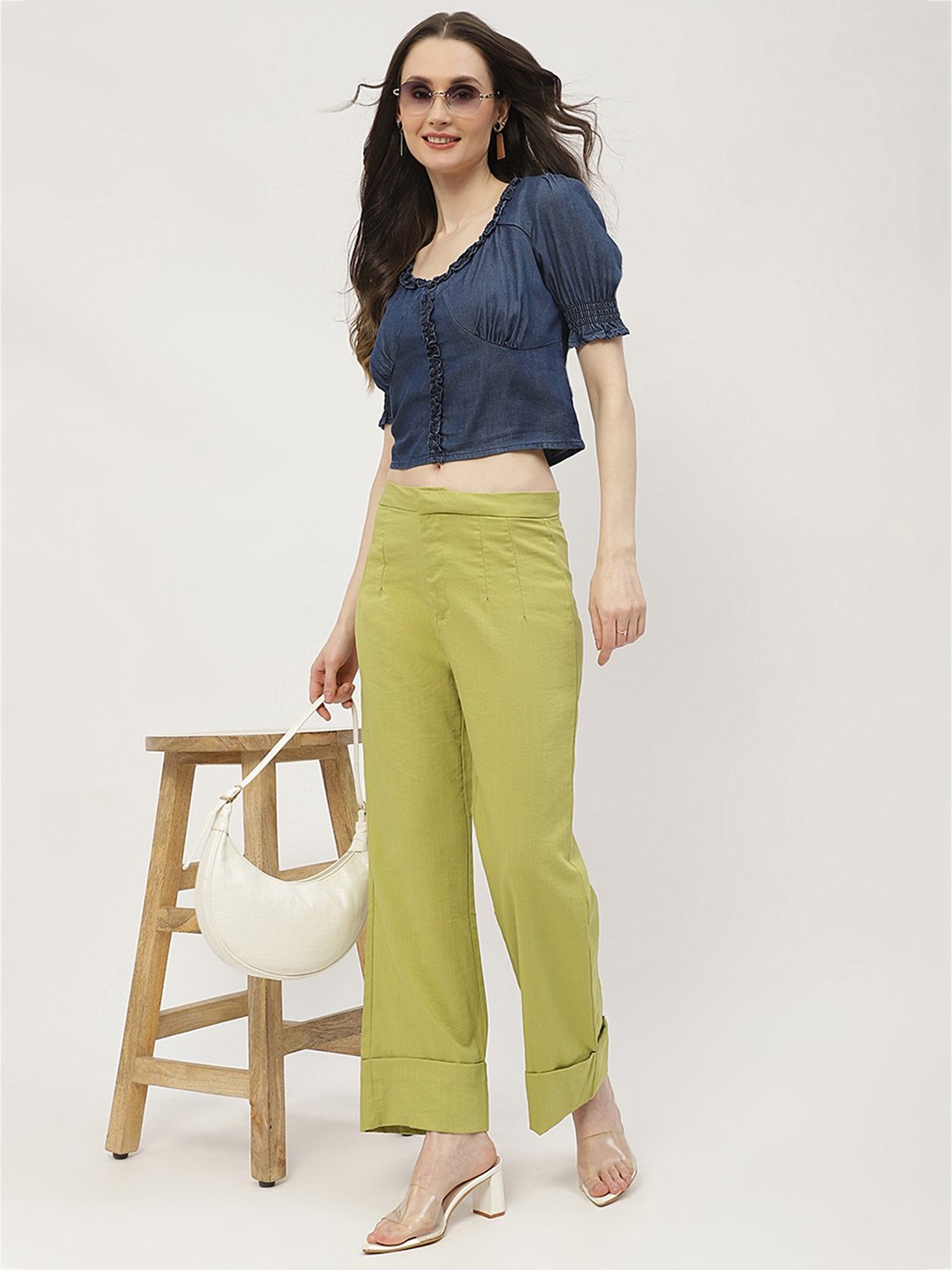 MADAME Navy Cotton Regular Fit Crop Top