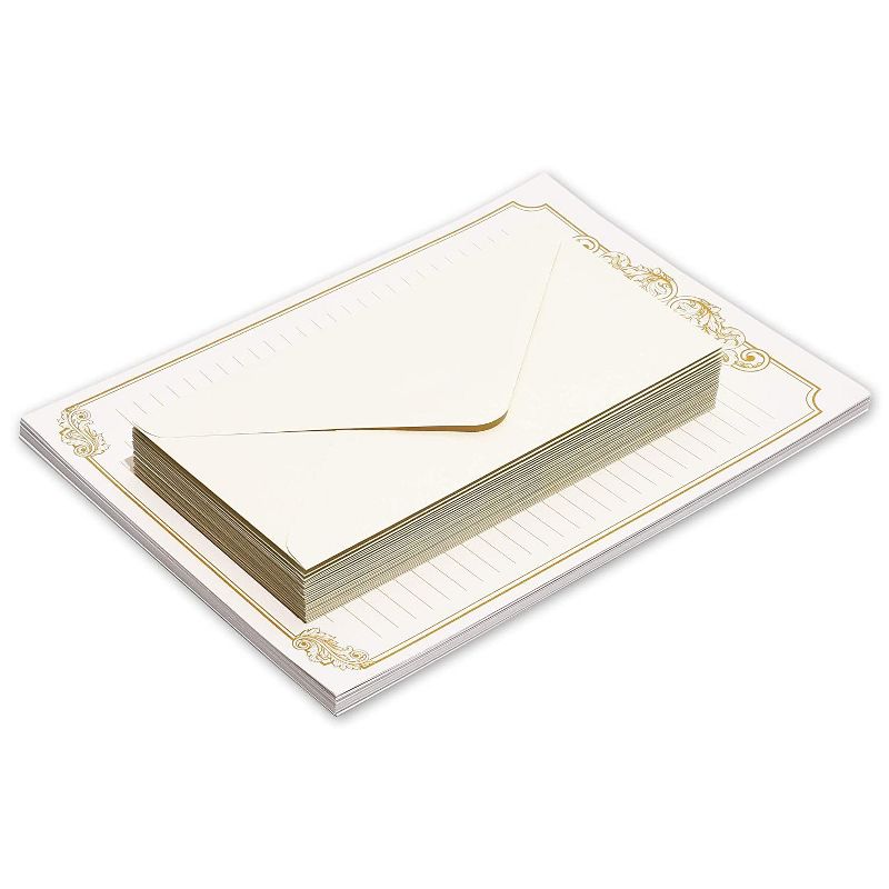 Paper Junkie 60-Pack Vintage Stationery Paper & Envelopes Letter Set, Classic Gold Foil Border Lined Paper, 8.5 x 11 inches