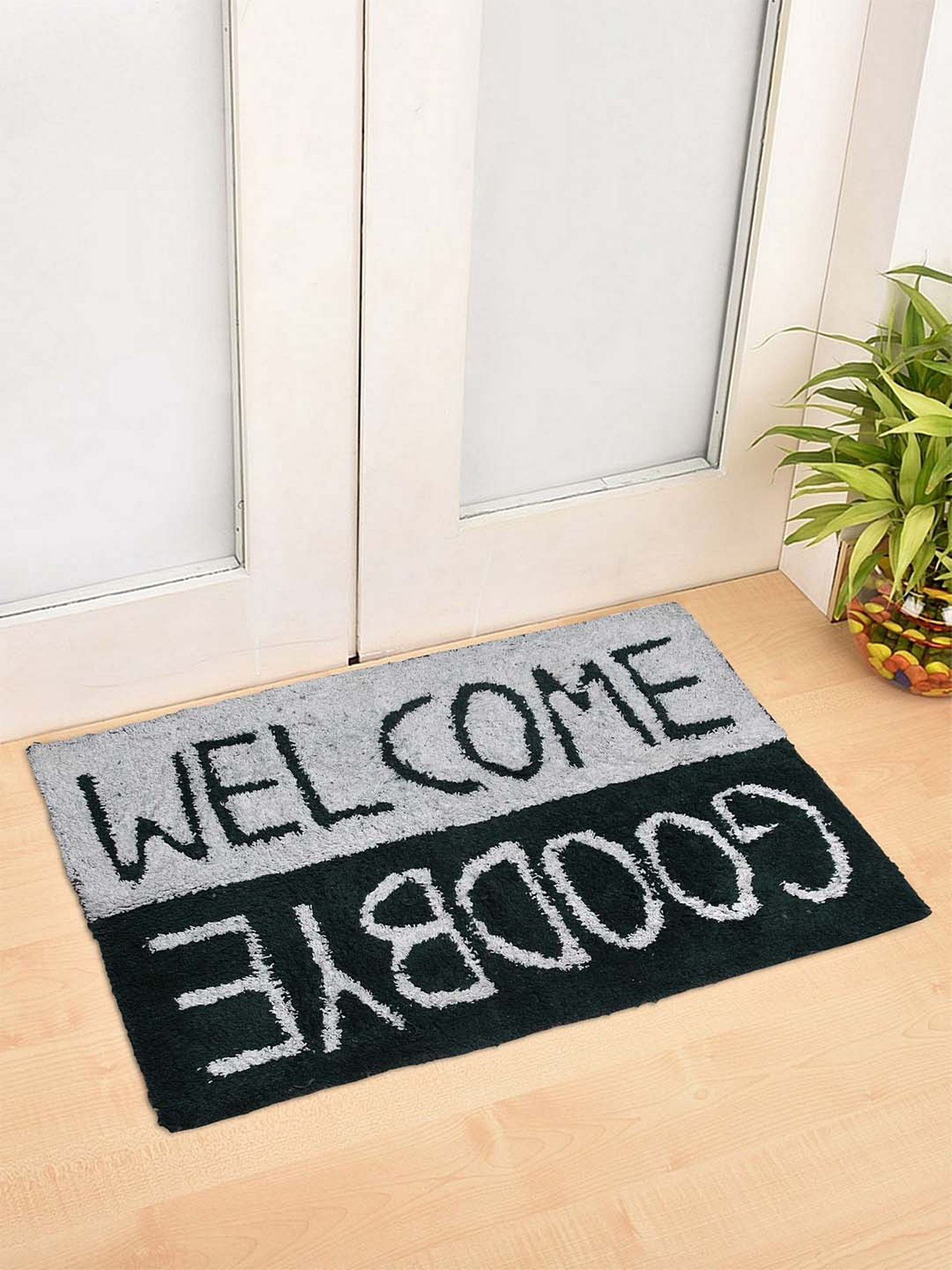 HOSTA HOMES Grey & Green Cotton Anti-Skid Door Mat - Set of 1