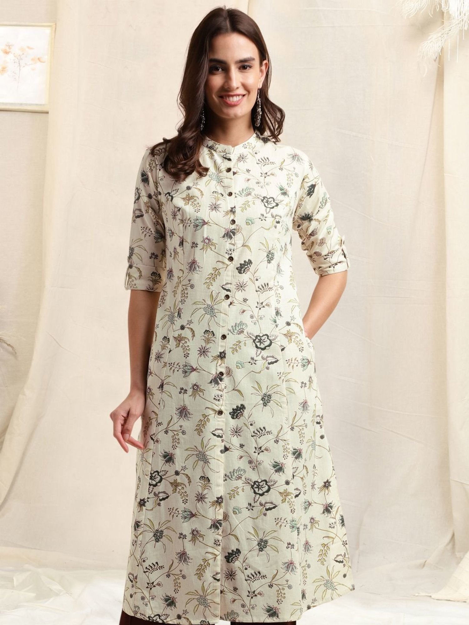 MIRCHI FASHION Beige Cotton Floral Print Straight Kurta