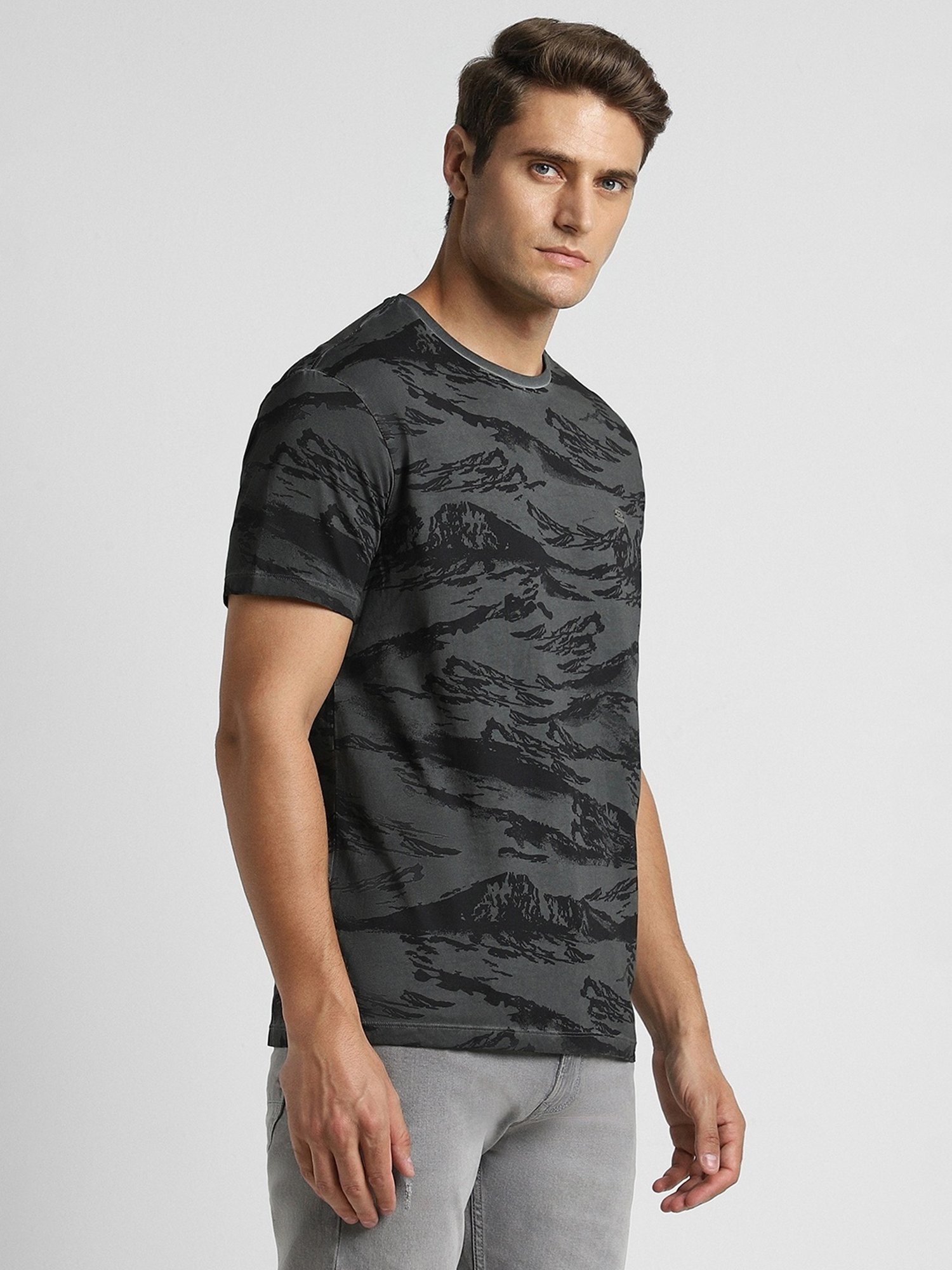 Peter England Grey Cotton Regular Fit Printed T-Shirt