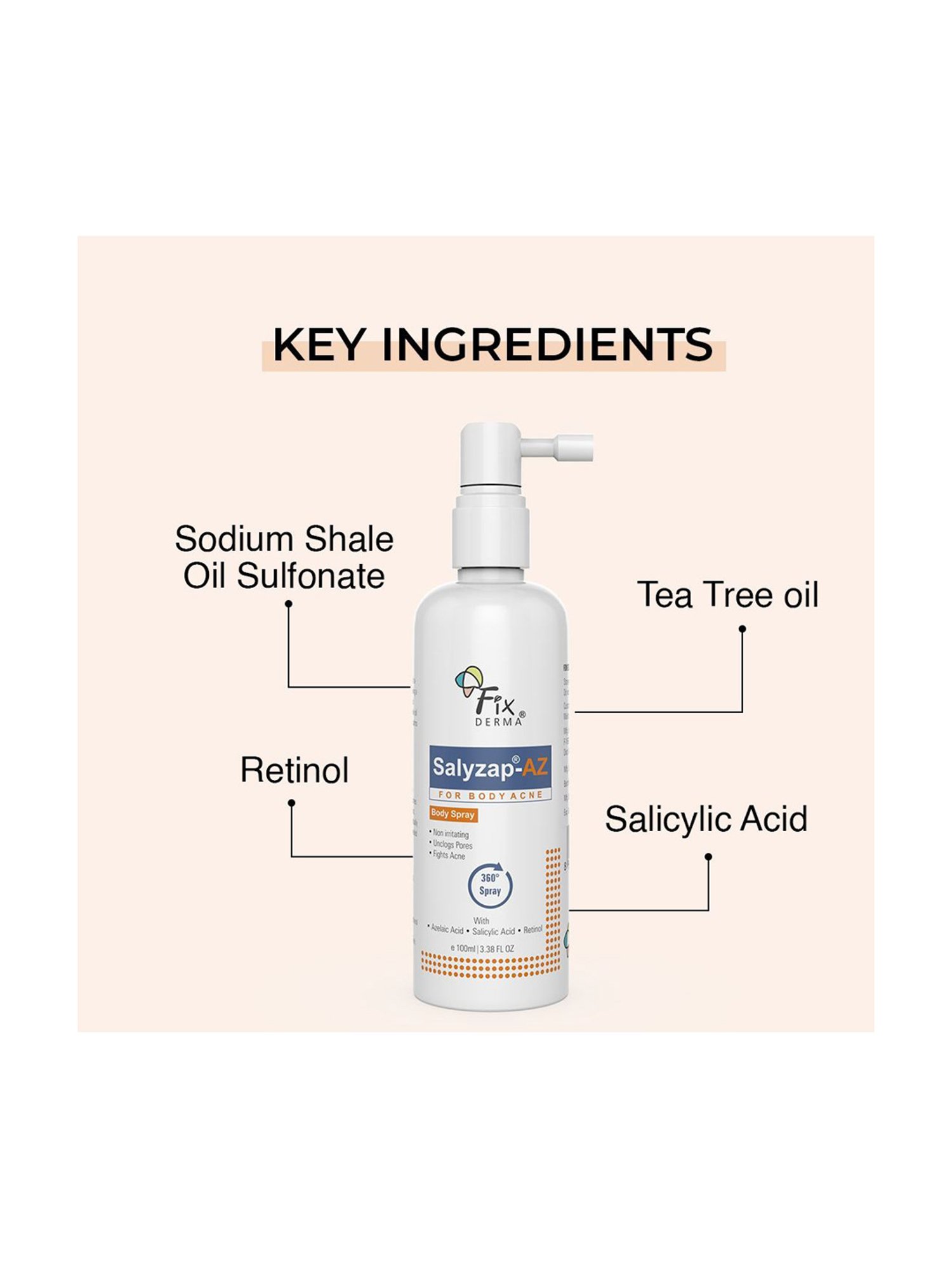 Fixderma Salyzap-Az Body Acne Treatment Spray, For Acne On Body Parts Like Back, Upper Arms - 100 ml