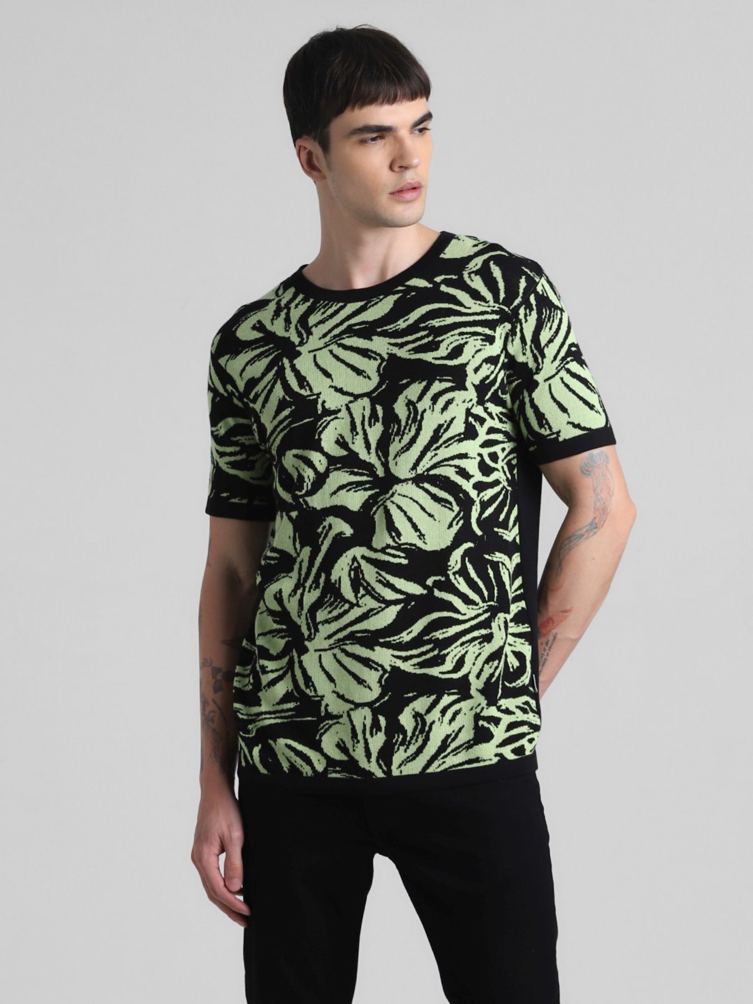 Jack & Jones Jet Black Cotton Slim Fit Self Pattern Sweater