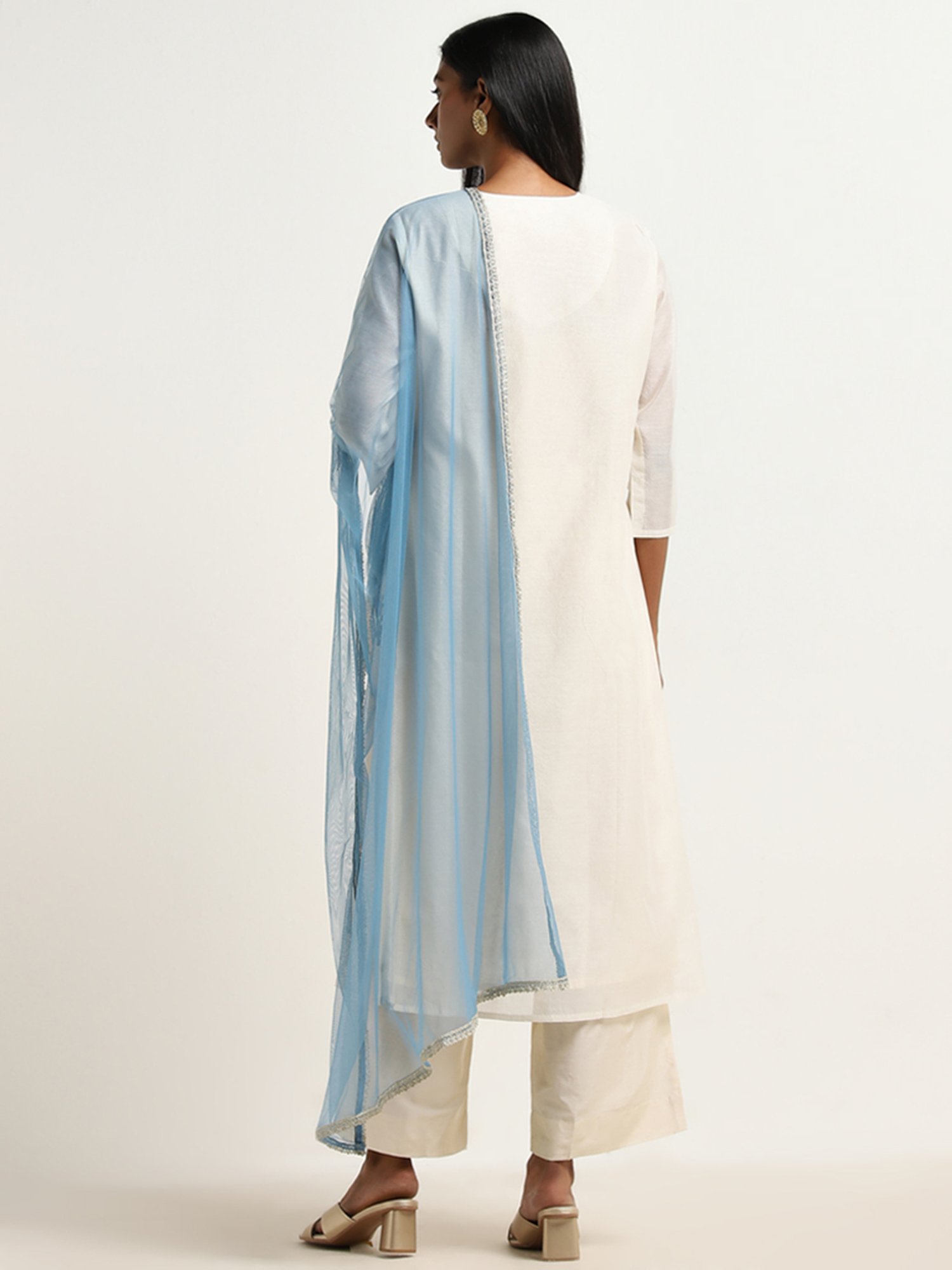 Vark by Westside Off-White Embroidery A-Line Kurta, Pants & Dupatta Set