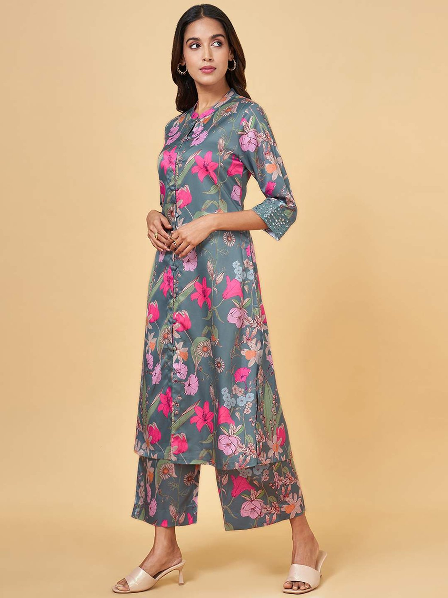 Rangmanch by Pantaloons Grey Printed Kurta Palazzo Set