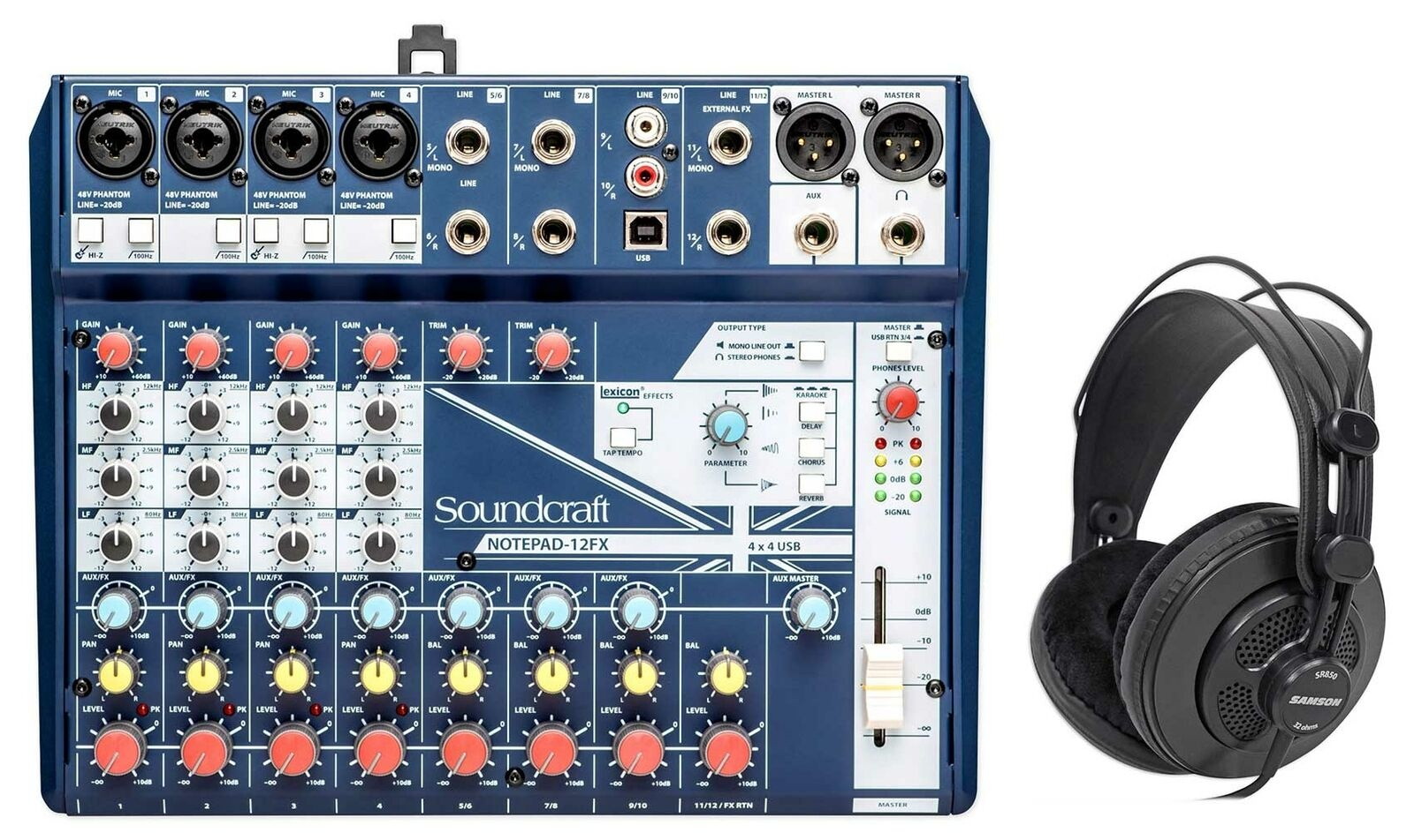 Soundcraft Notepad-12FX 12-Channel Mixer w/USB I/O + Effects + Samson Headphones