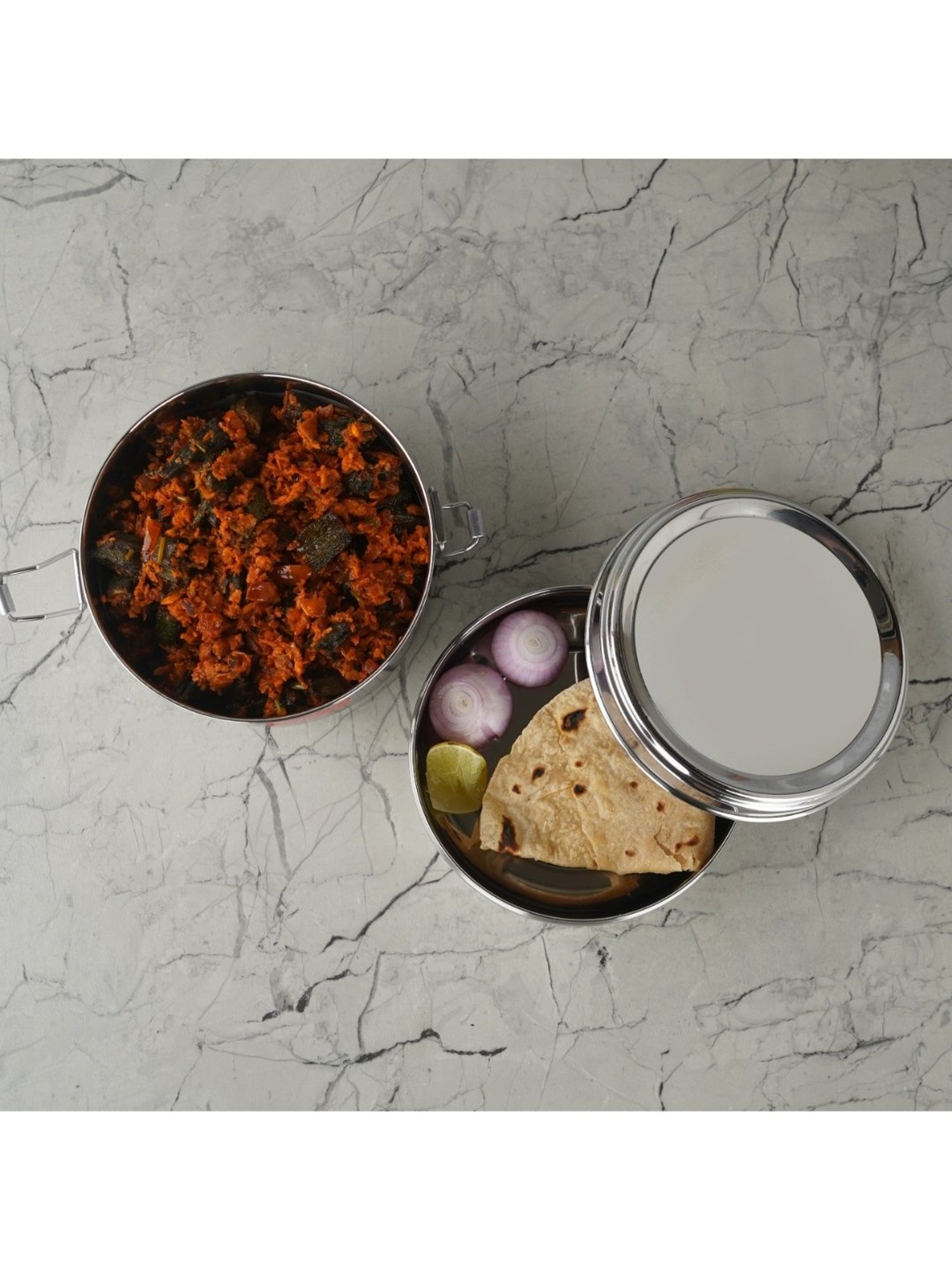 Sumeet S.S. Meal Pack Lunch Box/Tiffin with Steel Separator Plate & Locking Clip, 500ML, 13cm Dia,