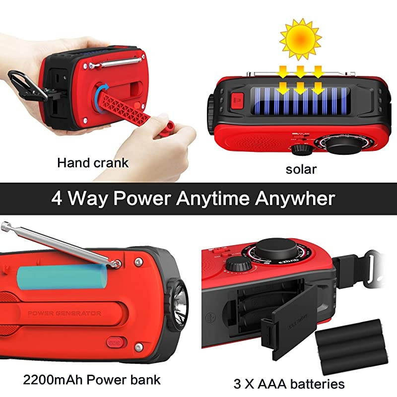 Upgraded Version Emergency Solar Hand Crank Radio Portable AMFM NOAA Weather Radio for Outdoor Household Emergency Device LED Flashlight 2200mAh Power Bank Compass SOS Alarm