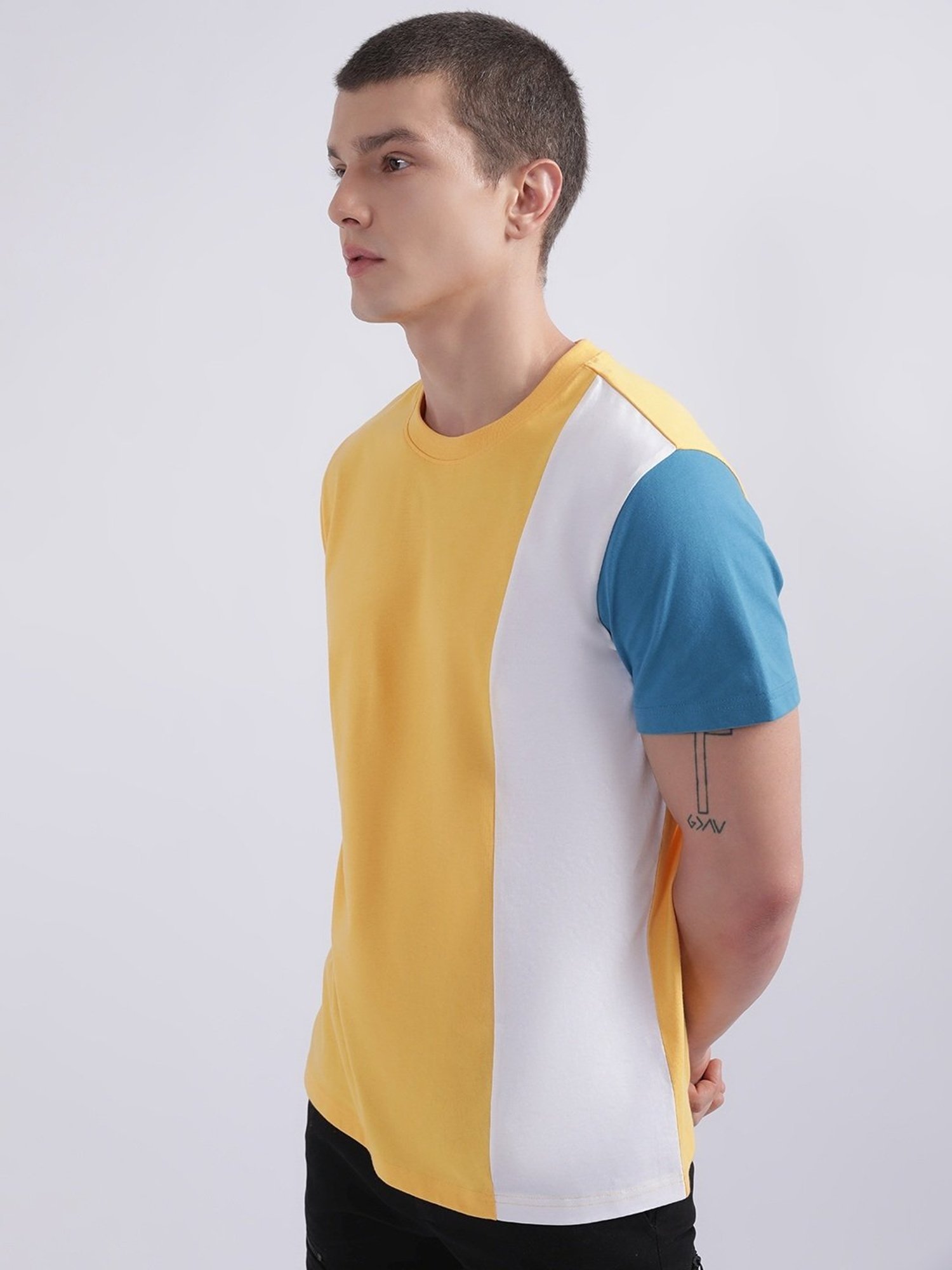 Iconic Yellow Cotton Regular Fit Colour Block T-Shirt