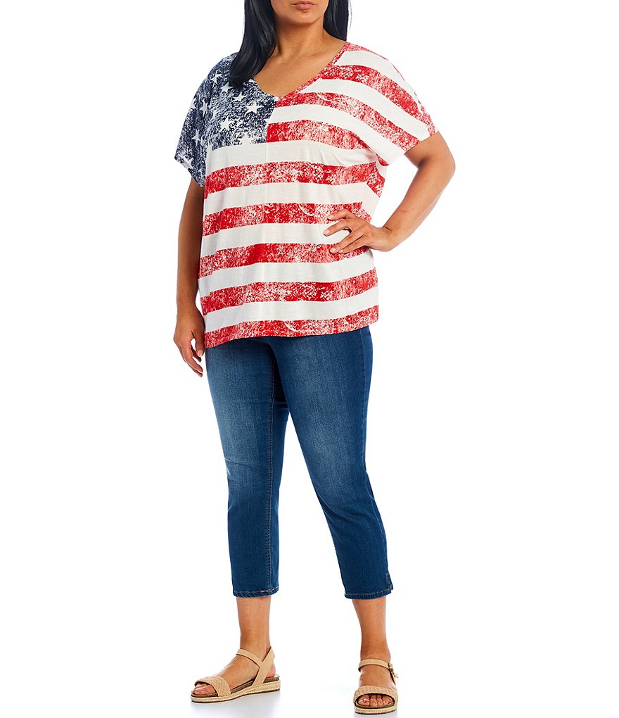 Westbound Plus Size Vintage Flag V-Neck Short Sleeve Tee