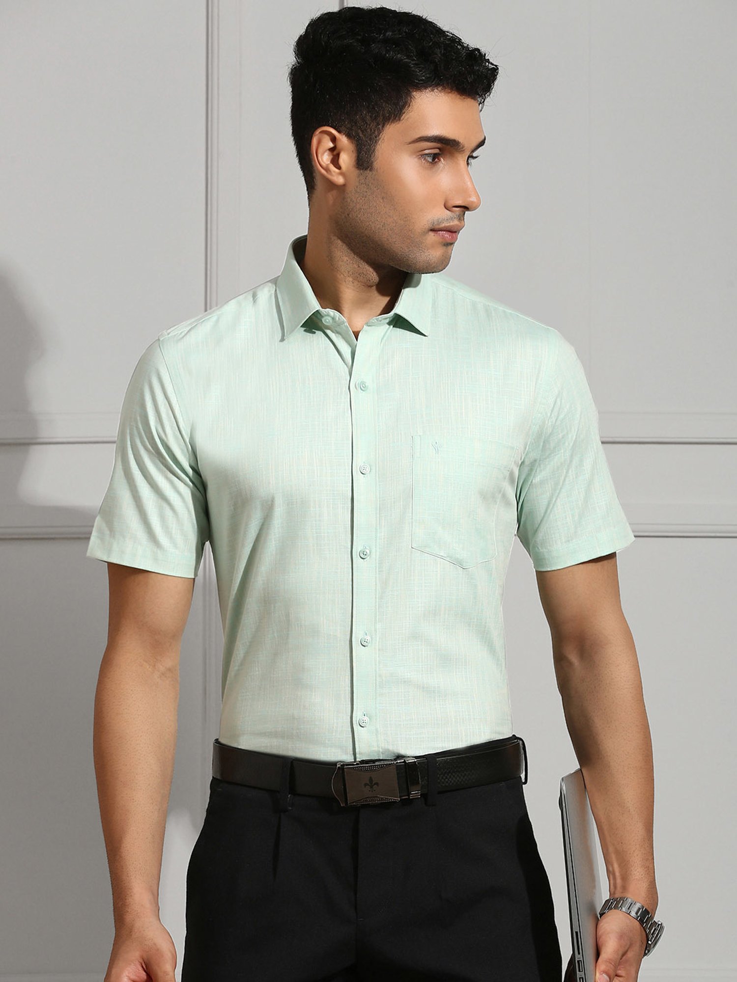 Ramraj Mint Green Regular Fit Textured Cotton Shirt