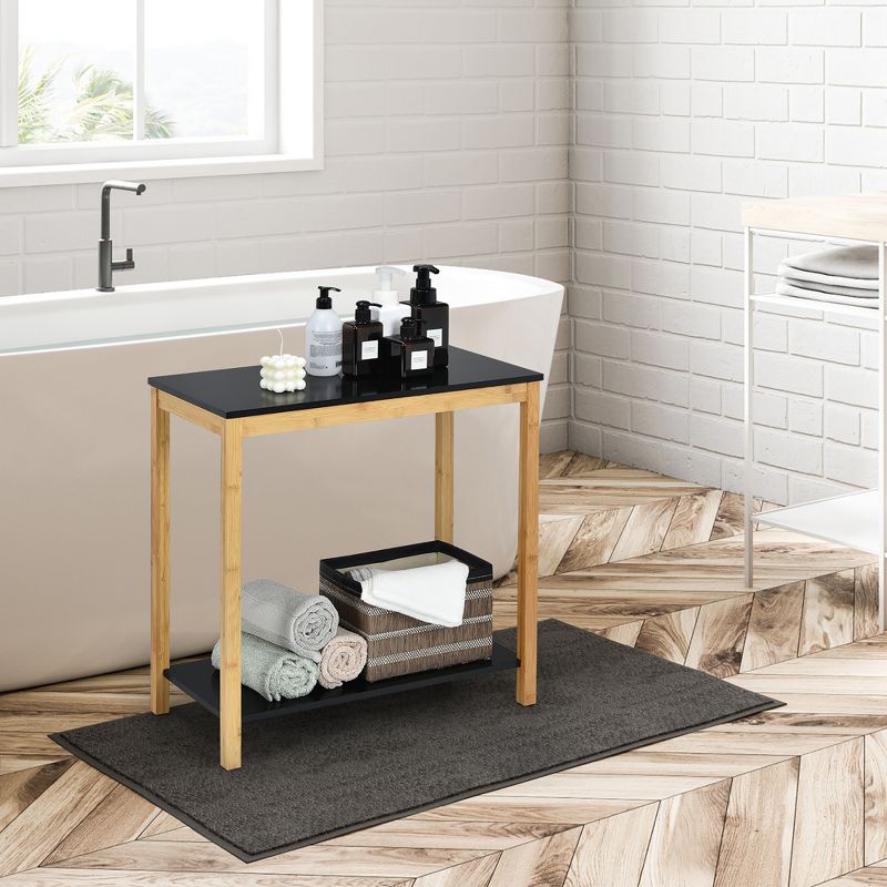 Costway Bamboo Side Table 2-Tier Sofa End Console Table w/ Storage Shelf Bedroom