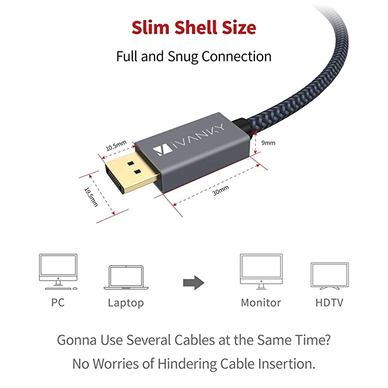 DisplayPort 12 Cable 10ft  4K DisplayPort to DisplayPort Cable Nylon Braided High Speed DP Cable Supports 4K60Hz and 2K165Hz Compatible with PC Laptop TV Grey