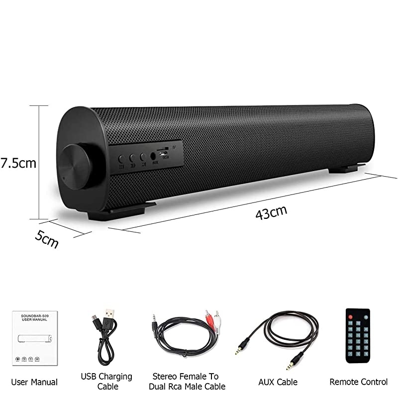 Soundbar for TV/PC, Outdoor/Indoor Wired & Wireless Bluetooth 5.0 Stereo Speaker with The Newest Remote Control, 2X5W Mini Home Theater Sound bar with Built-in Subwoofers for Phones (Updated)