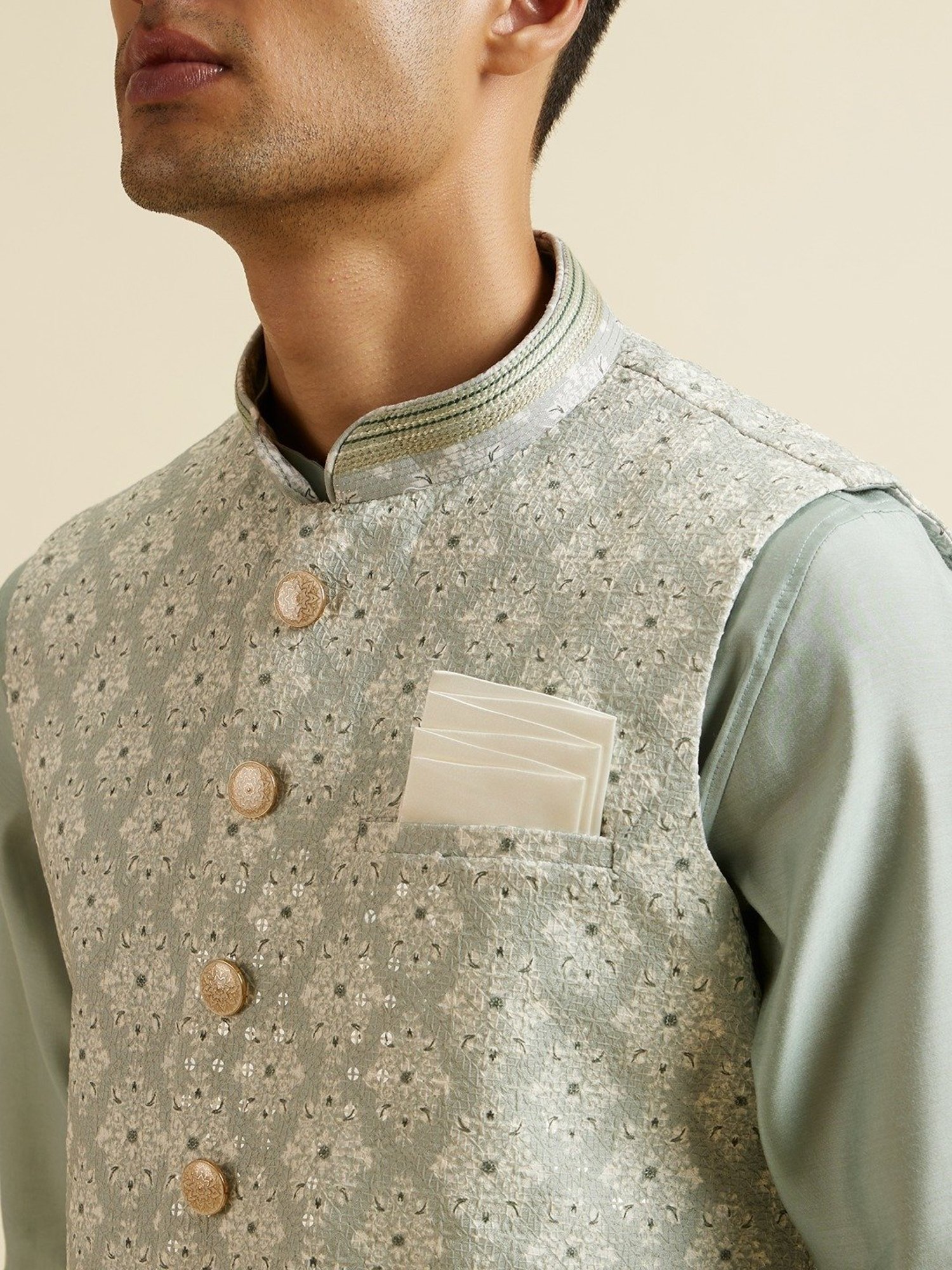 Manyavar Green Regular Fit Embroidered Nehru Jacket