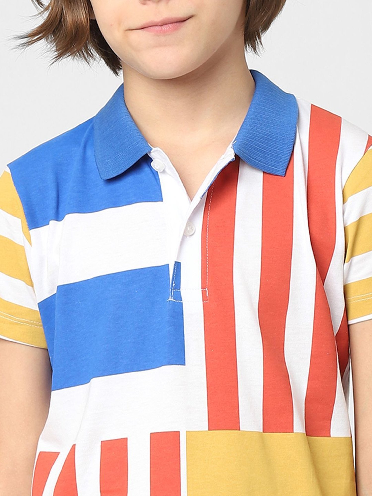 Jack & Jones Junior Boys Orange & Blue Cotton Striped Polo T-Shirt