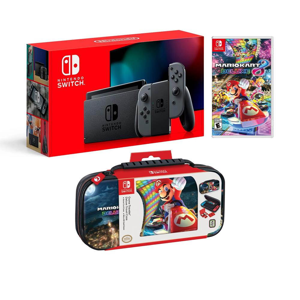 Nintendo Switch Super Mario Kart 8 Deluxe Bundle: Gray Joy-Con Improved Battery Life 32GB Console,Super Mario Kart 8 Deluxe Game Disc and Travel Case