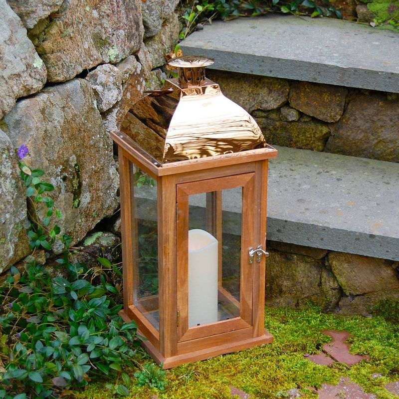Wooden LED Lantern with Copper Roof and Battery Operated Candle Brown - LumaBase