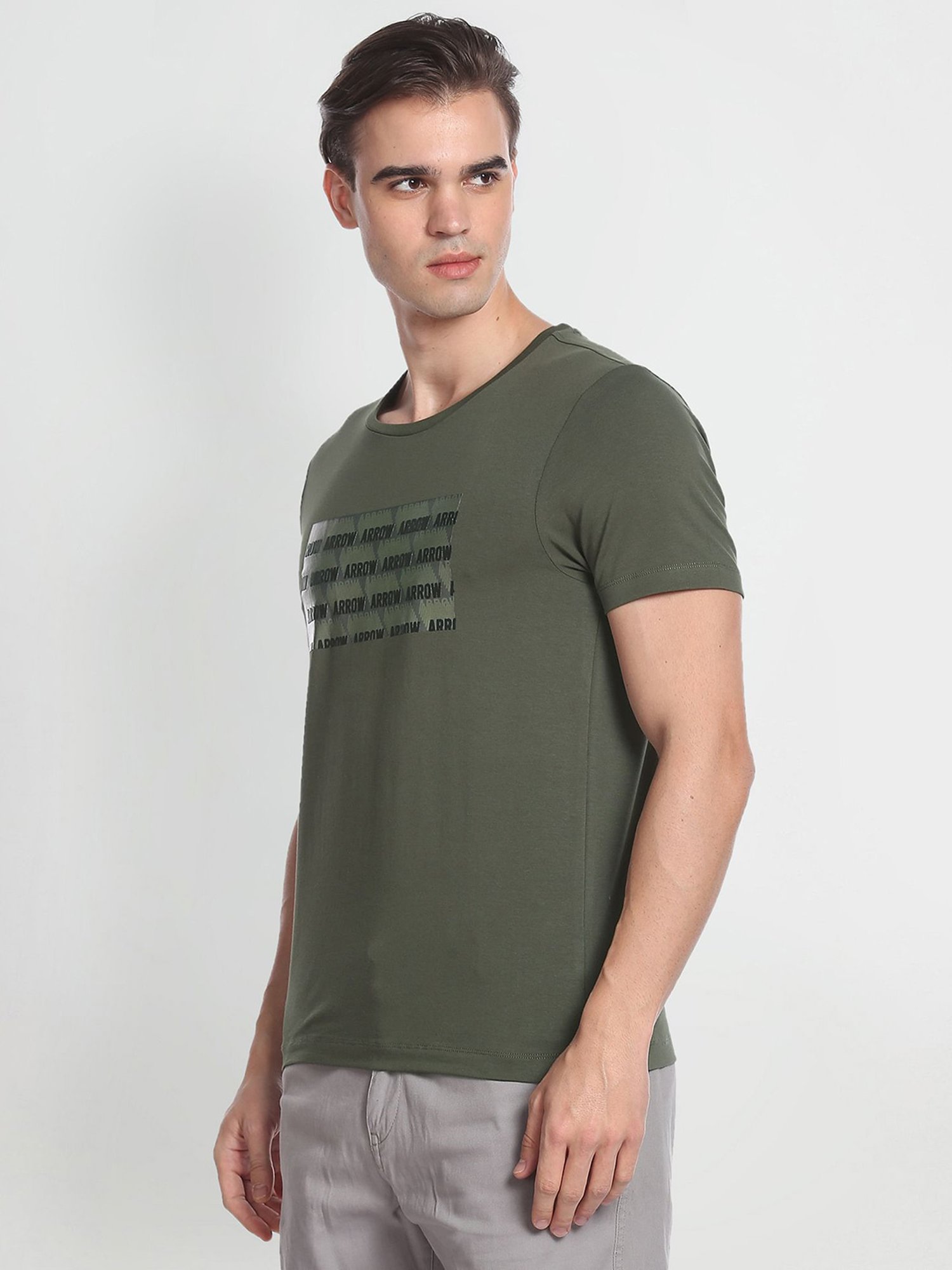 Arrow New York Green Regular Fit Printed Crew T-Shirt