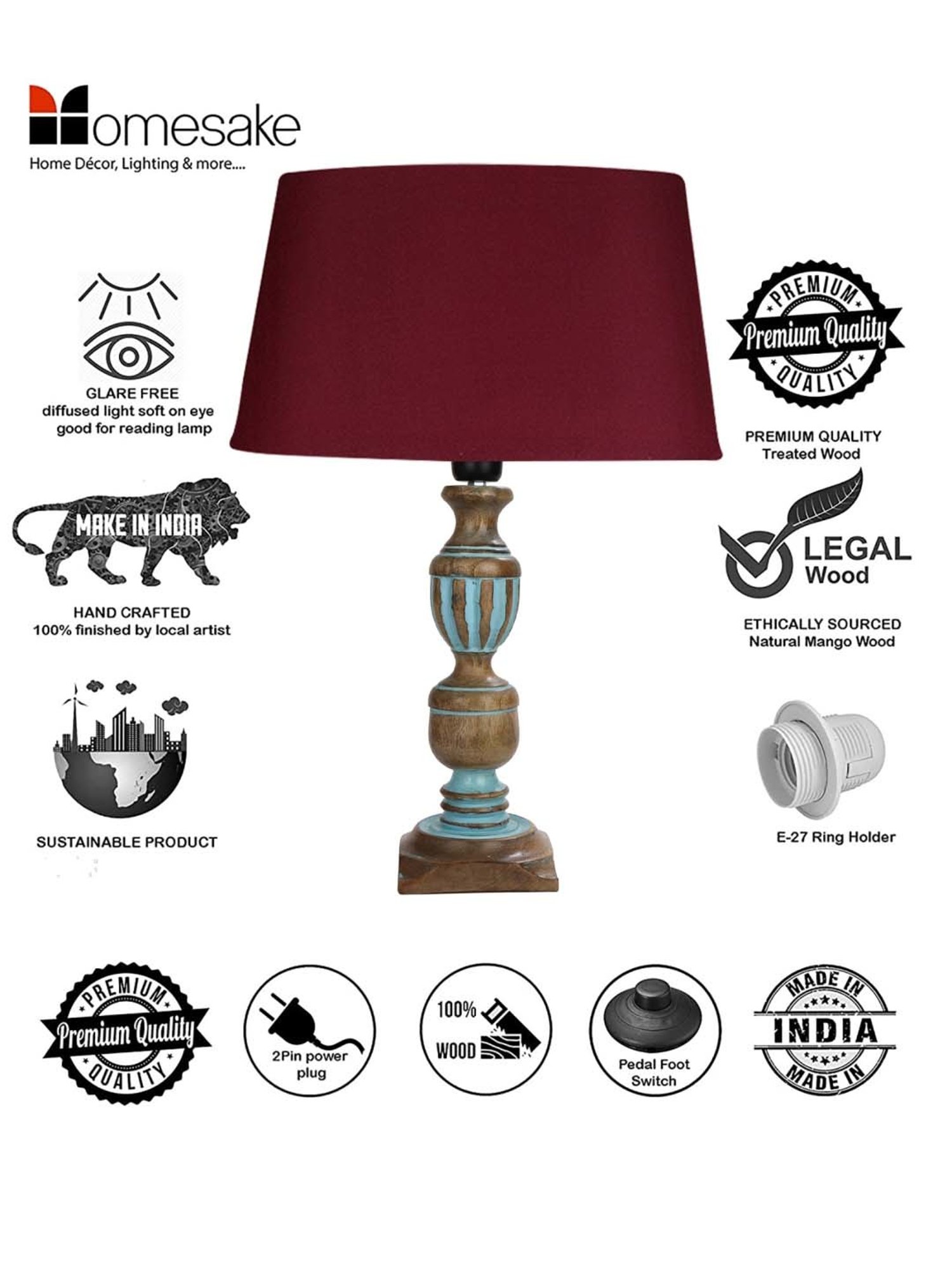 Homesake 'Rustic Distress' Red & Brown Wood Trophy Carved Table Lamp with Empire Shade - Set of 1