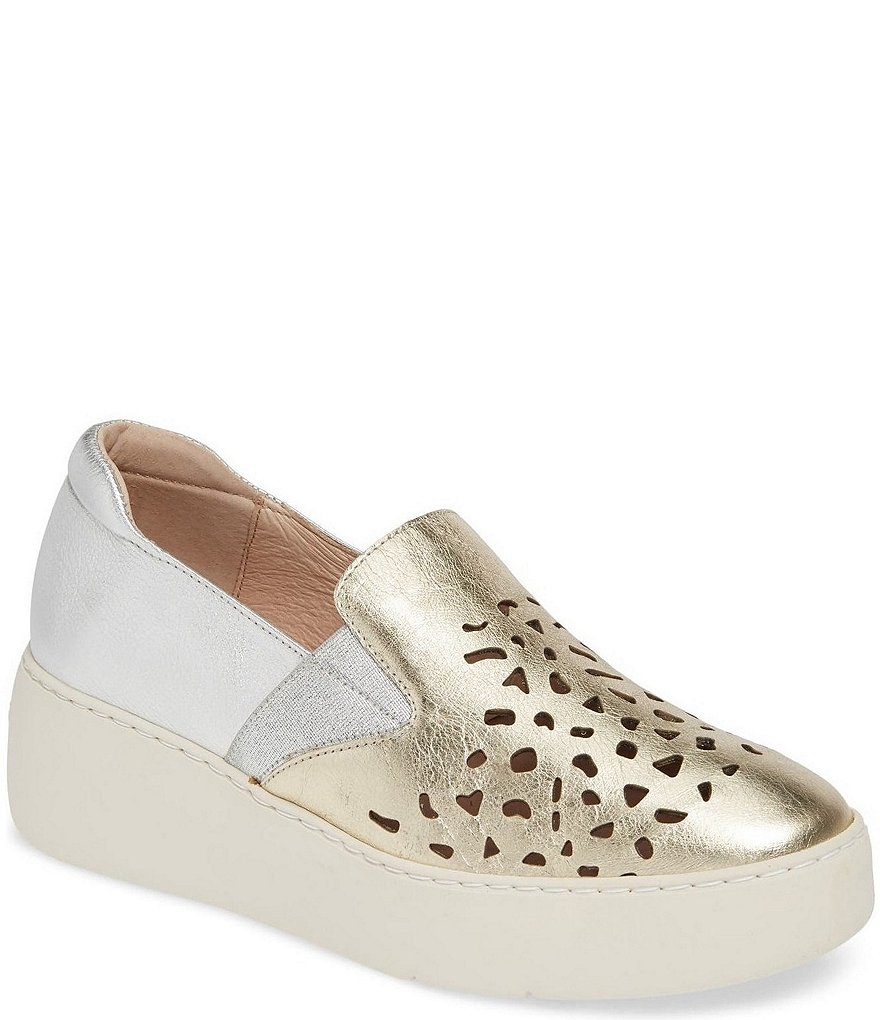 Wonders Ella Metallic Leather Laser Cut Wedge Platform Slip-Ons