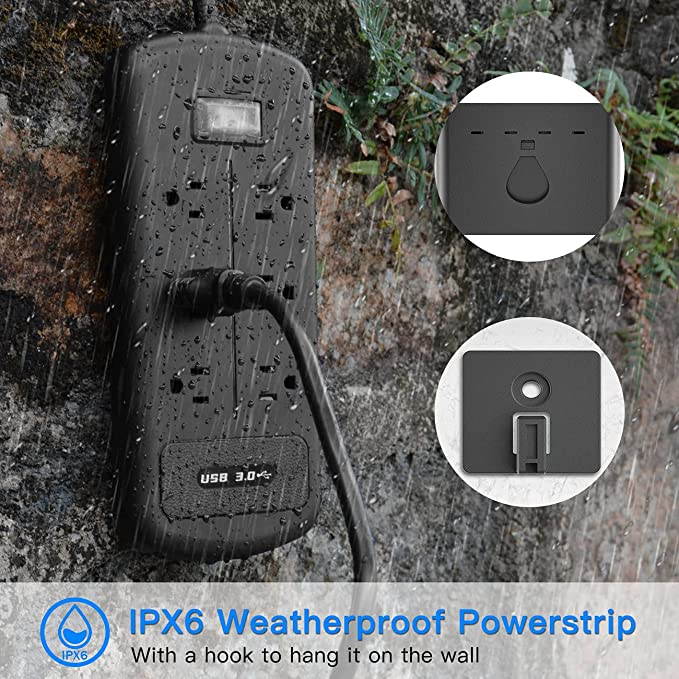 Outdoor Waterproof Power Strip, 6 Outlets 3 USB Ports Weatherproof Plug Strip 9.1ft Extension Cord Surge Protector for Kitchen Bathroom Deck, Wall Mount, Black