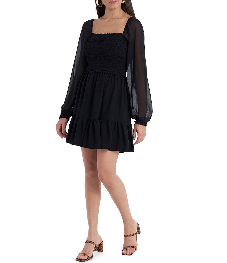 1. STATE Smocked Waist Ruffle Hem Square Neck Long Sheer Sleeve A-Line Dress