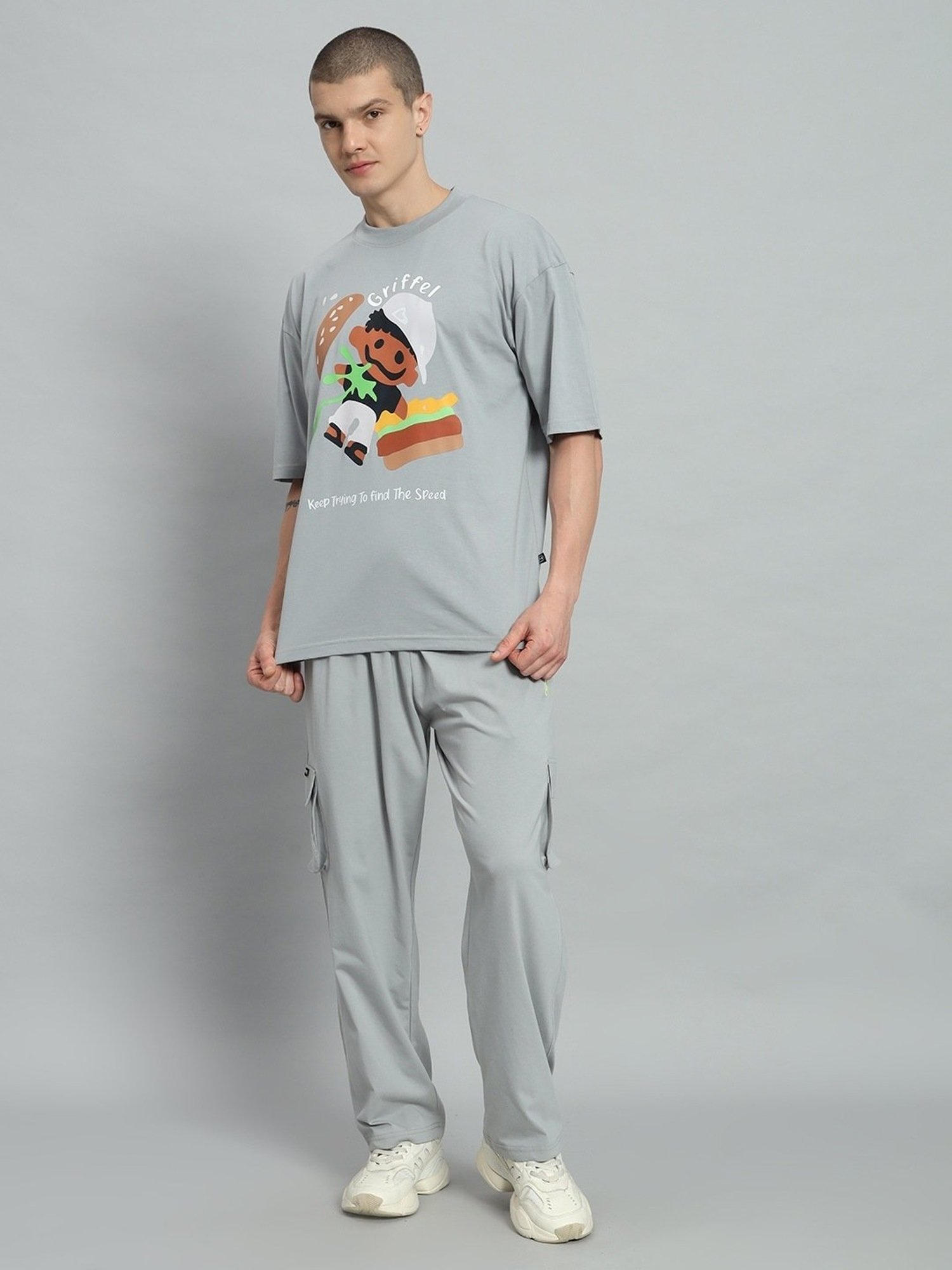 Griffel Grey Cotton Loose Fit Printed Co-Ord Set