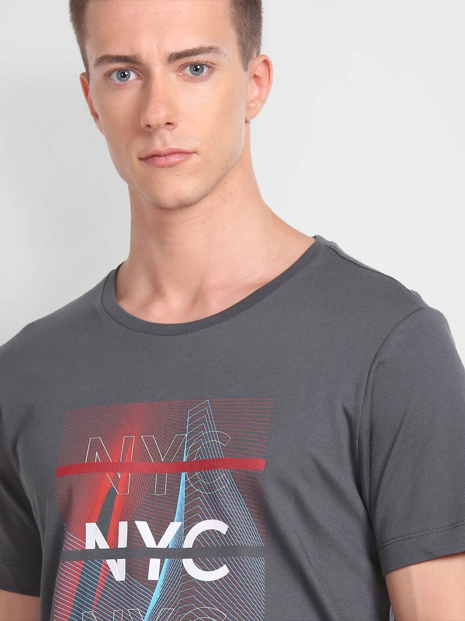 Arrow New York Grey Cotton Regular Fit Printed T-Shirt