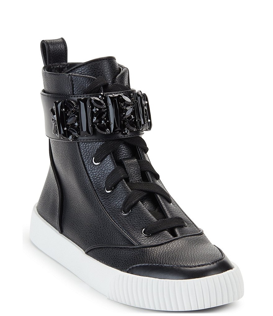 KARL LAGERFELD PARIS Jeren Lace Rhinestone Ankle Strap Leather Sneakers