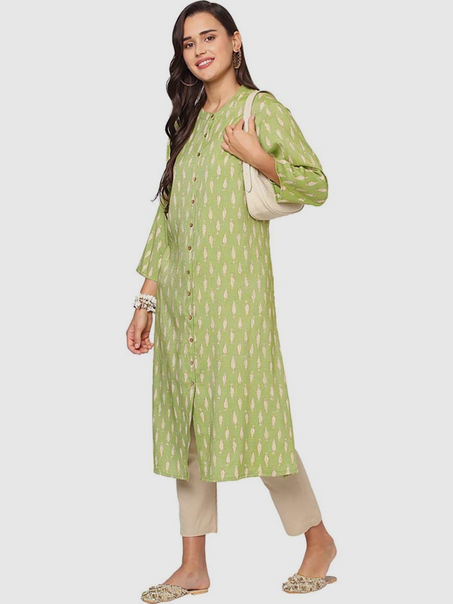 Fusion Beats Green Printed Straight Kurta