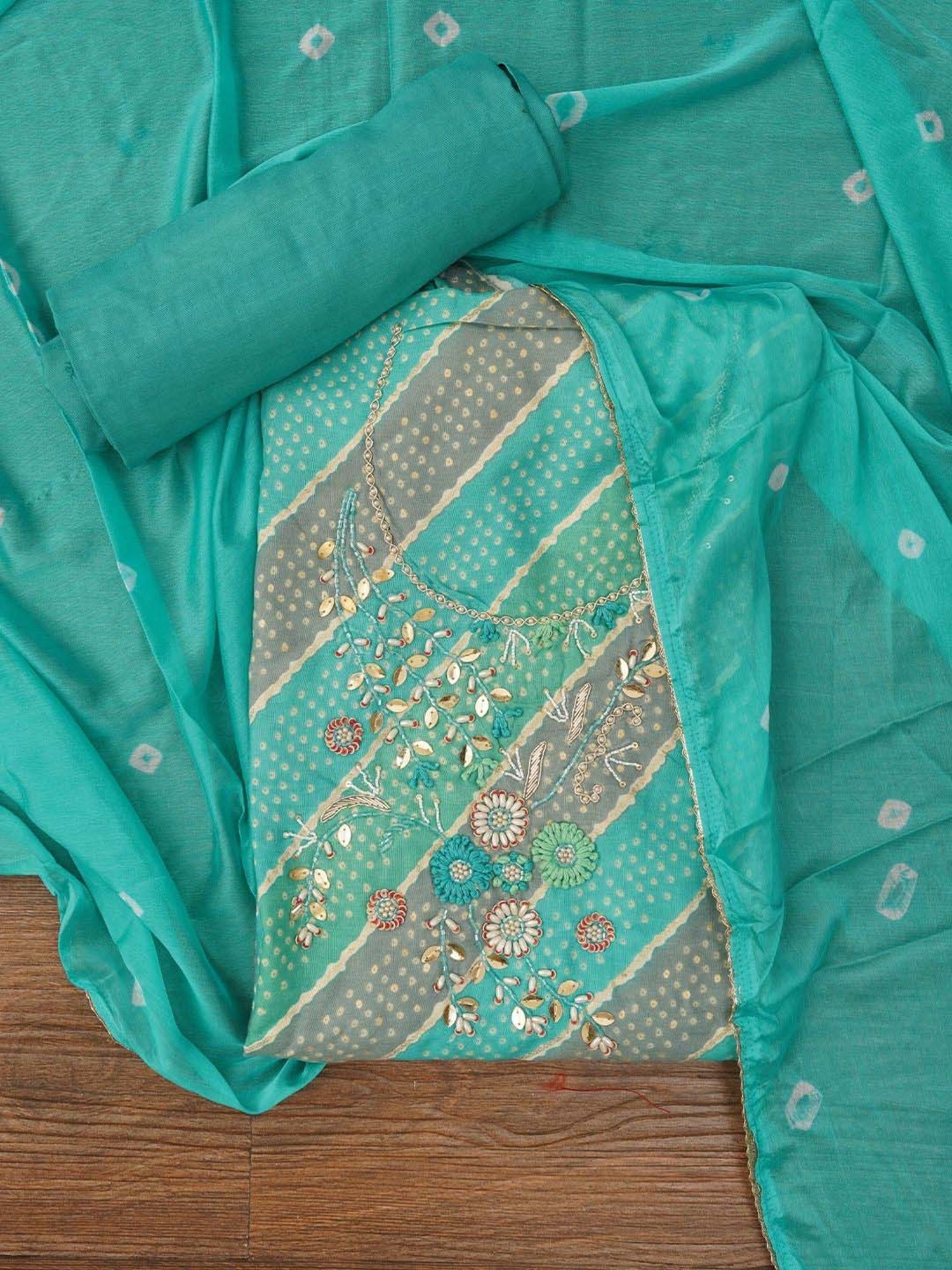 Jaipur Kurti Green Embellished Unstitched Dress Material