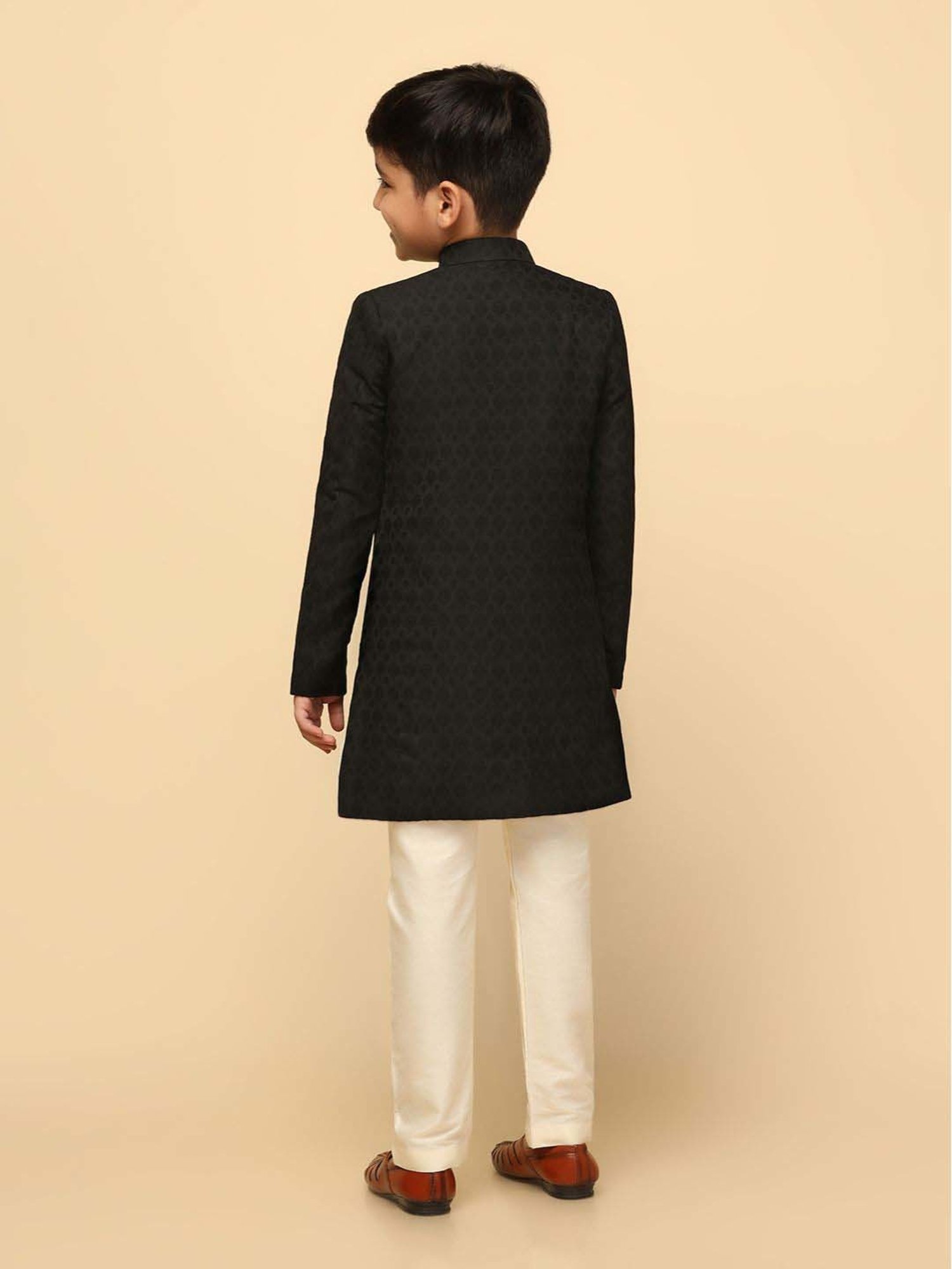 KISAH Boys Black Jacquard Full Sleeves Indowestern Sets