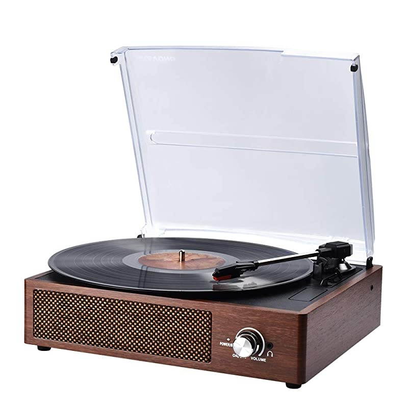 Record Player,  Portable 3 Speed Vinyl Turntable, Bluetooth Vintage Record Player with Built-in Speakers, Supports Headphone Jack/Aux Input/ RCA Line Out (Wooden Classic)