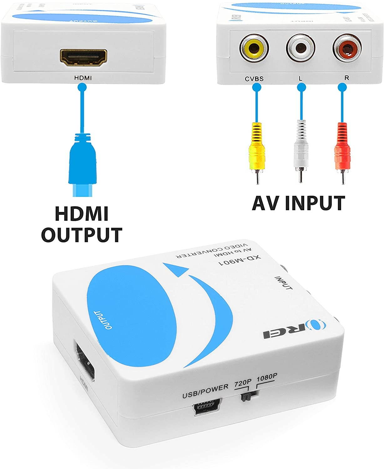 OREI XD-M901 AV Composite Video/Audio RCA CVBS to HDMI Converter - Upscales to 720p/1080p