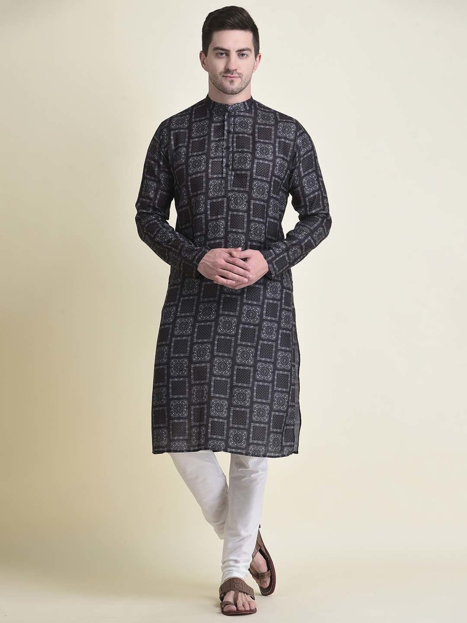 TABARD Black Regular Fit Print Kurta with Churidar Set