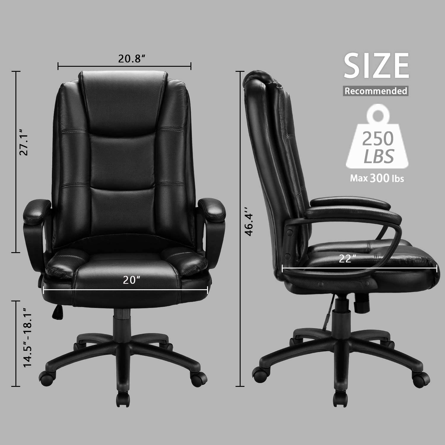 BOSSIN Home Office Chair, Ergonomic Desk Chair, Adjustable Task Chair for Lumbar Back Support, Computer Chair with Rolling Swivel and Armrest, Modern Executive High Back Leather Chairs. (Black)