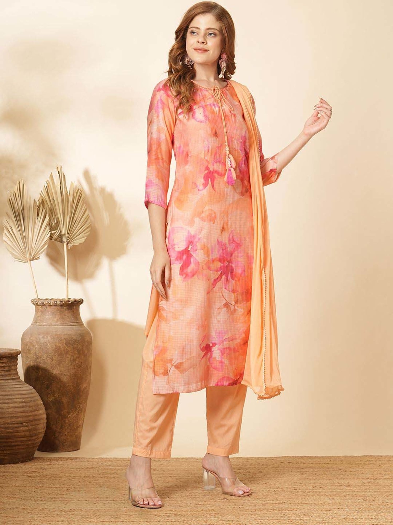 Fashor Peach Floral Print Kurta & Pant Set With Dupatta