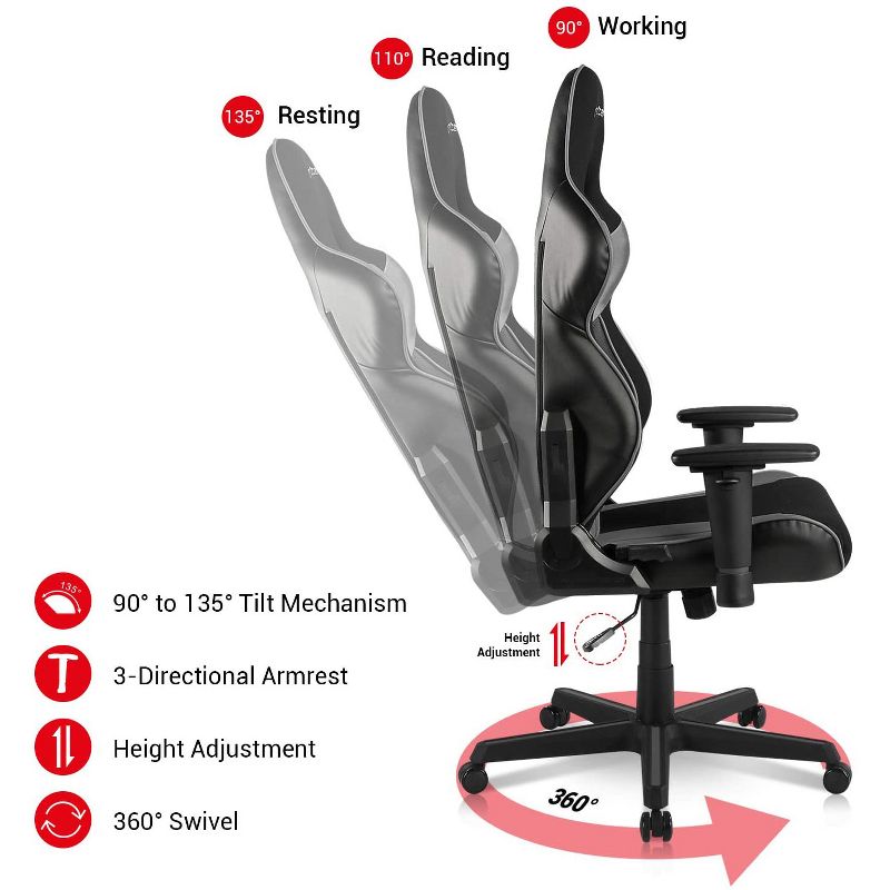DXRacer OH/RAA106/NG Racing Series Adjustable Ergonomic Gaming Home Office Desk Chair, Swivel Base, Wheels, and Headrest, Gray and Black