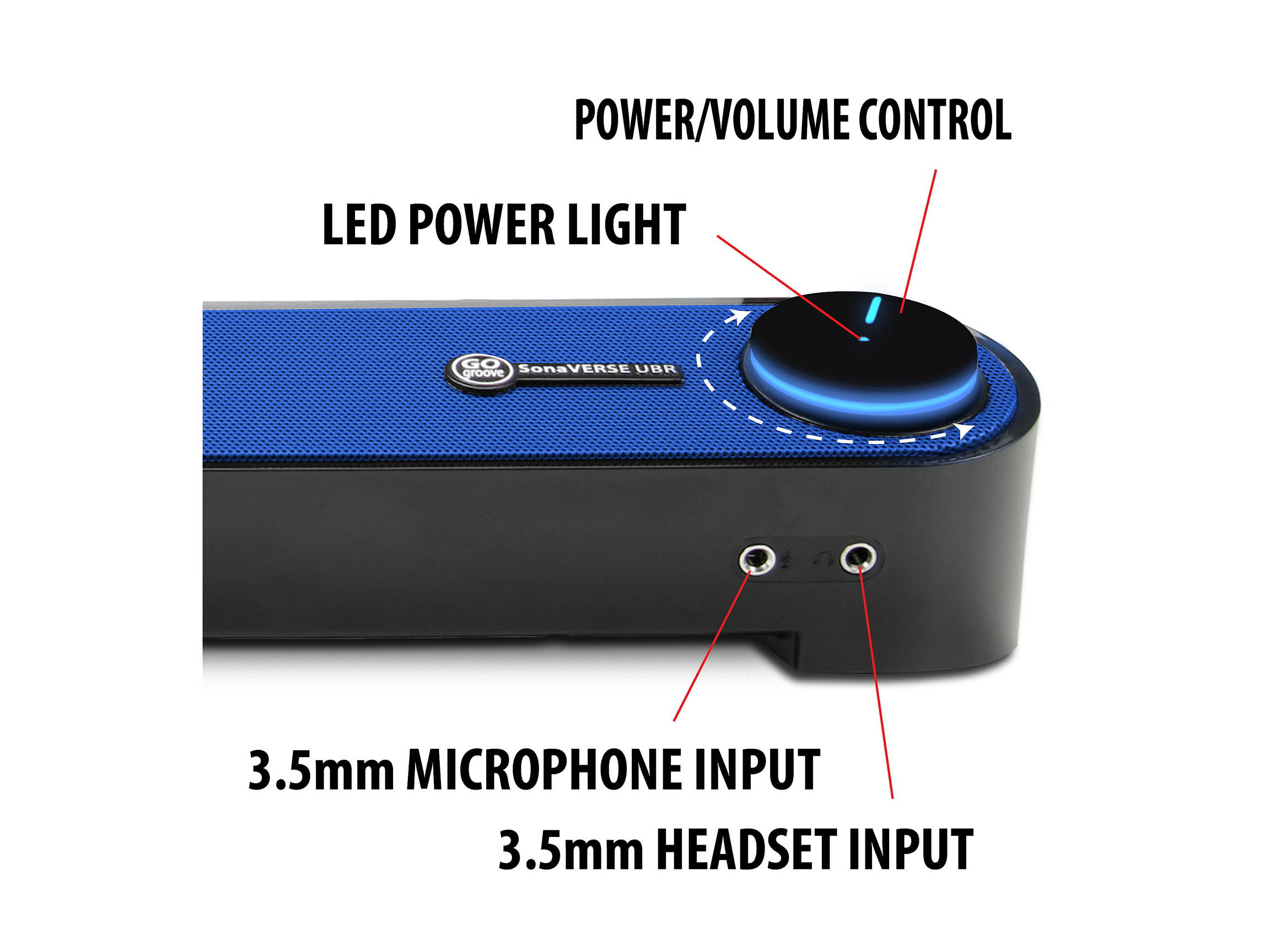 Desktop Computer Sound Bar Speaker w/ Easy Access Headphone & Mic Jacks by GOgroove - SonaVERSE UBR (Blue) - USB Powered, LED accents, Compact 16.5" Length, Angled Design - Ideal for Small Desks