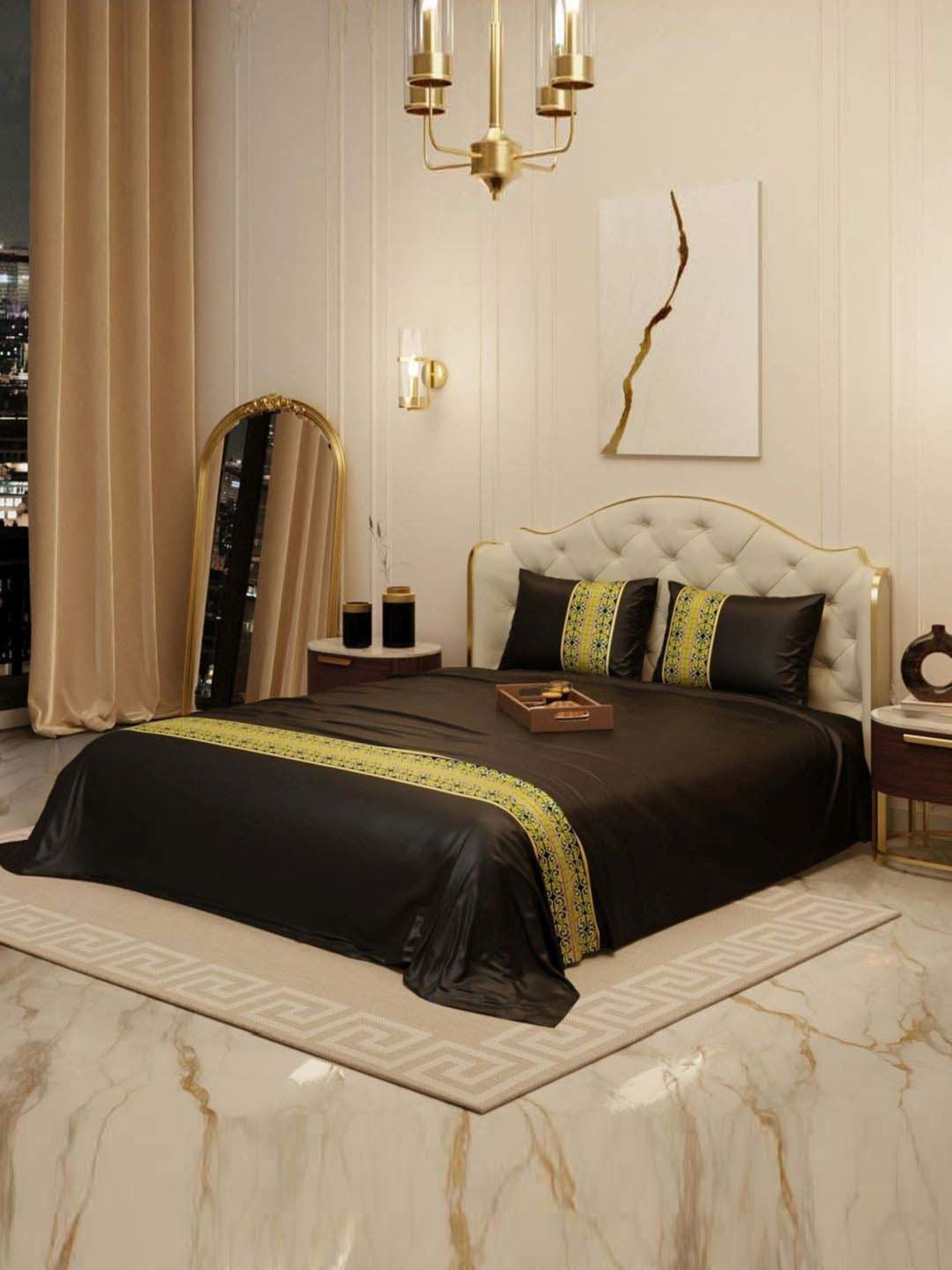 Stoa Paris Versailles Applique Print Black 300 TC Sateen Double Bedsheet with 2 Pillow Covers