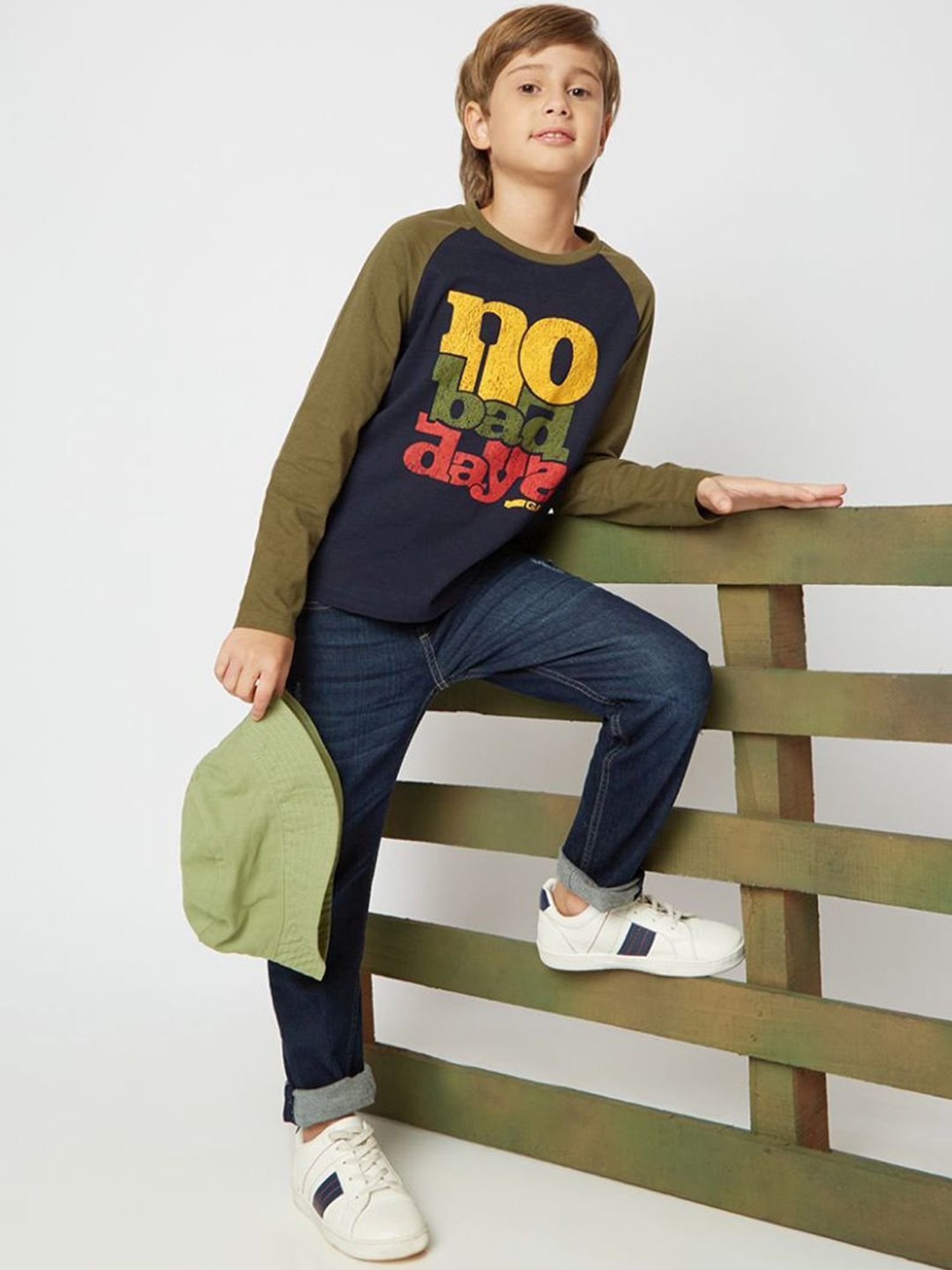 GAS Kids Navy & Olive Green Cotton Printed Full Sleeves T-Shirt