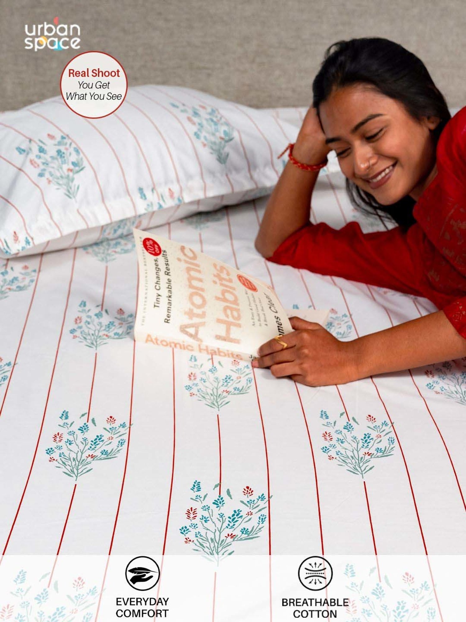 House This Juniper Blue Cotton 600 TC Double Size Bedsheet With Pillow Covers