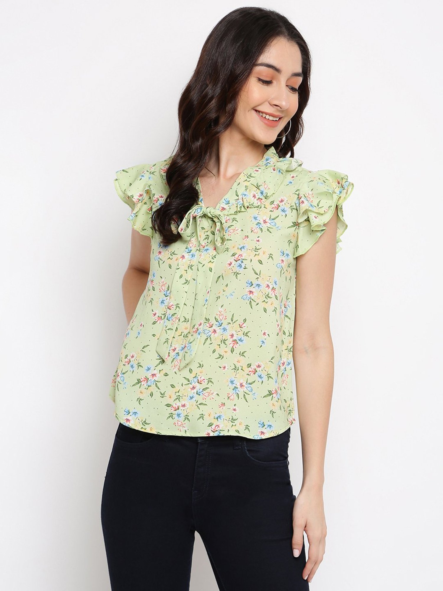 Latin Quarters Green Floral Print A-Line Top